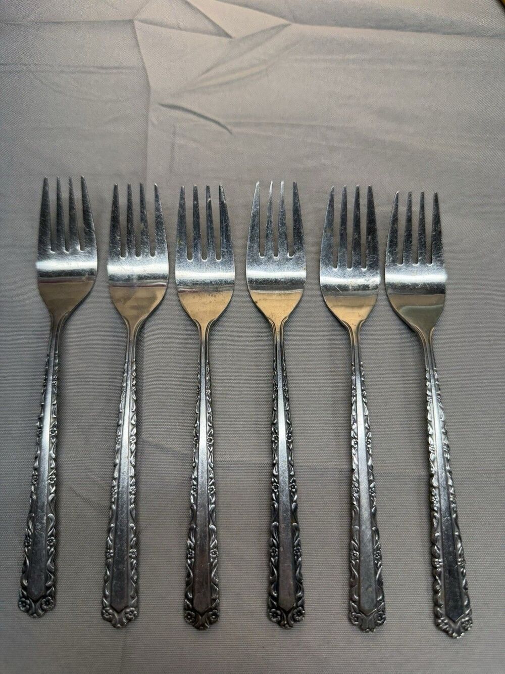 FLOWER & SCROLL BORDER SALAD OR DESSERT FORK BY NATIONAL STAINLESS - 6